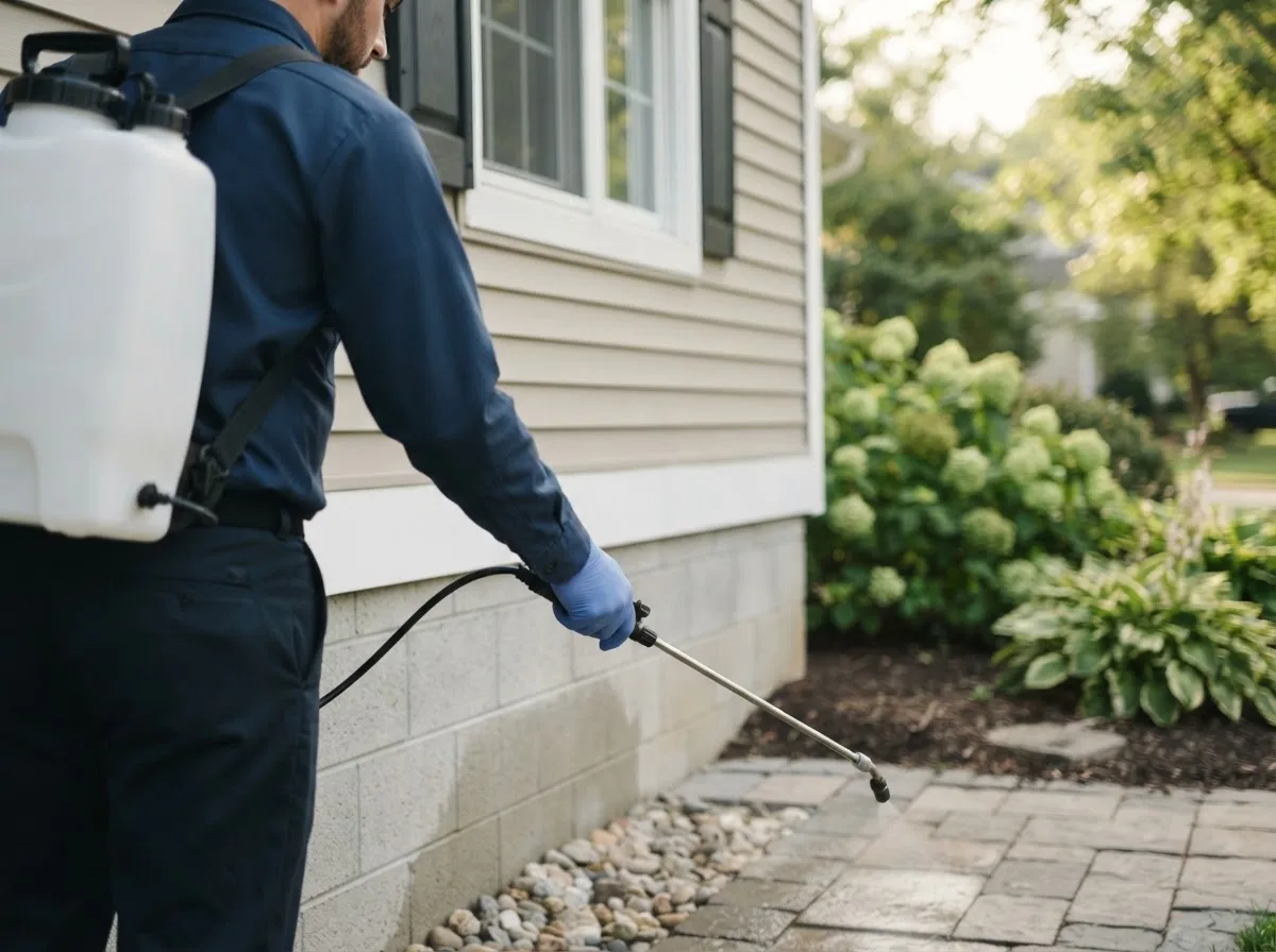 Pest control technician inspecting a home in Jber, AK